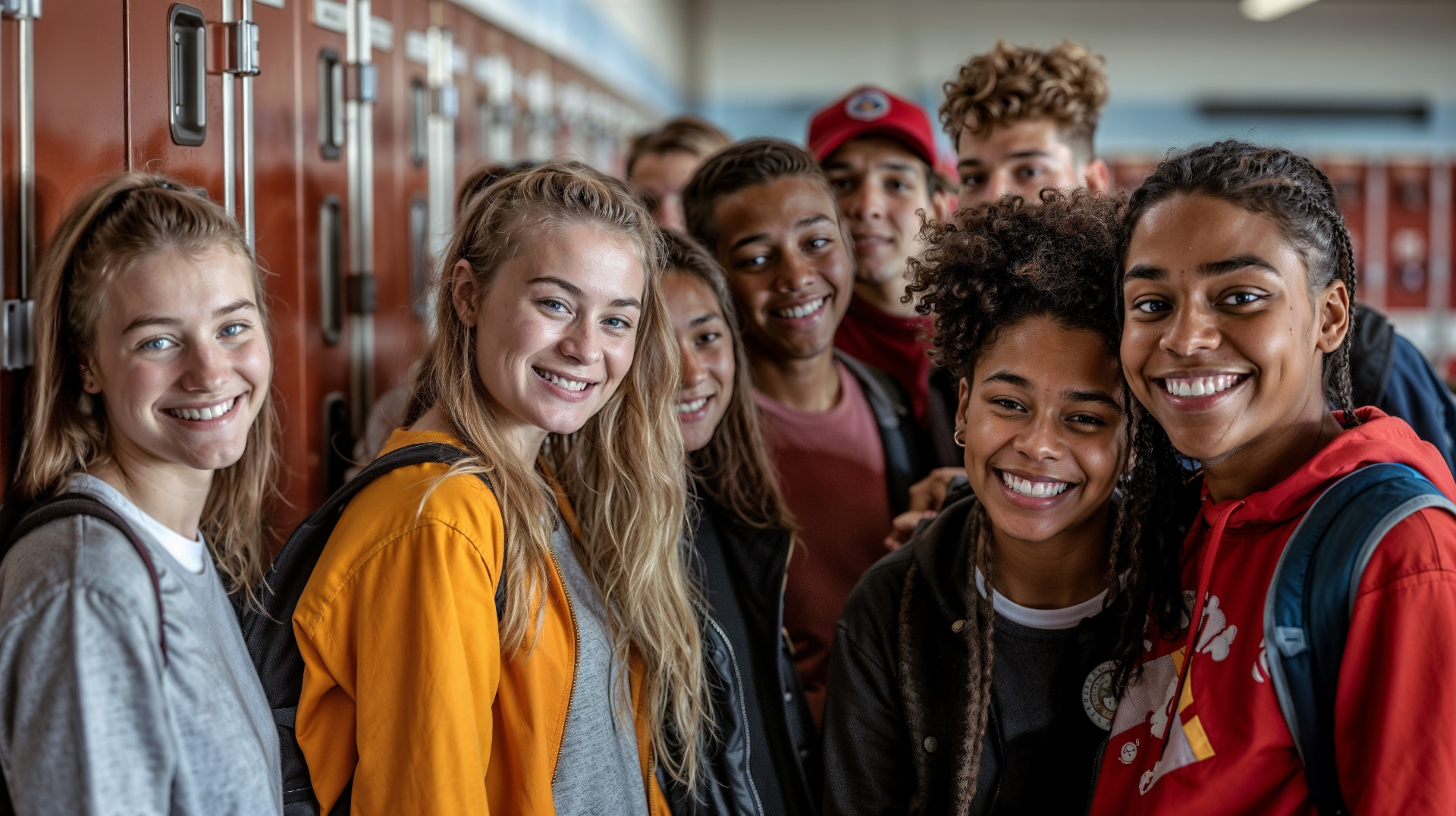 Illustrative photo of smiling high-school students beside school lockers